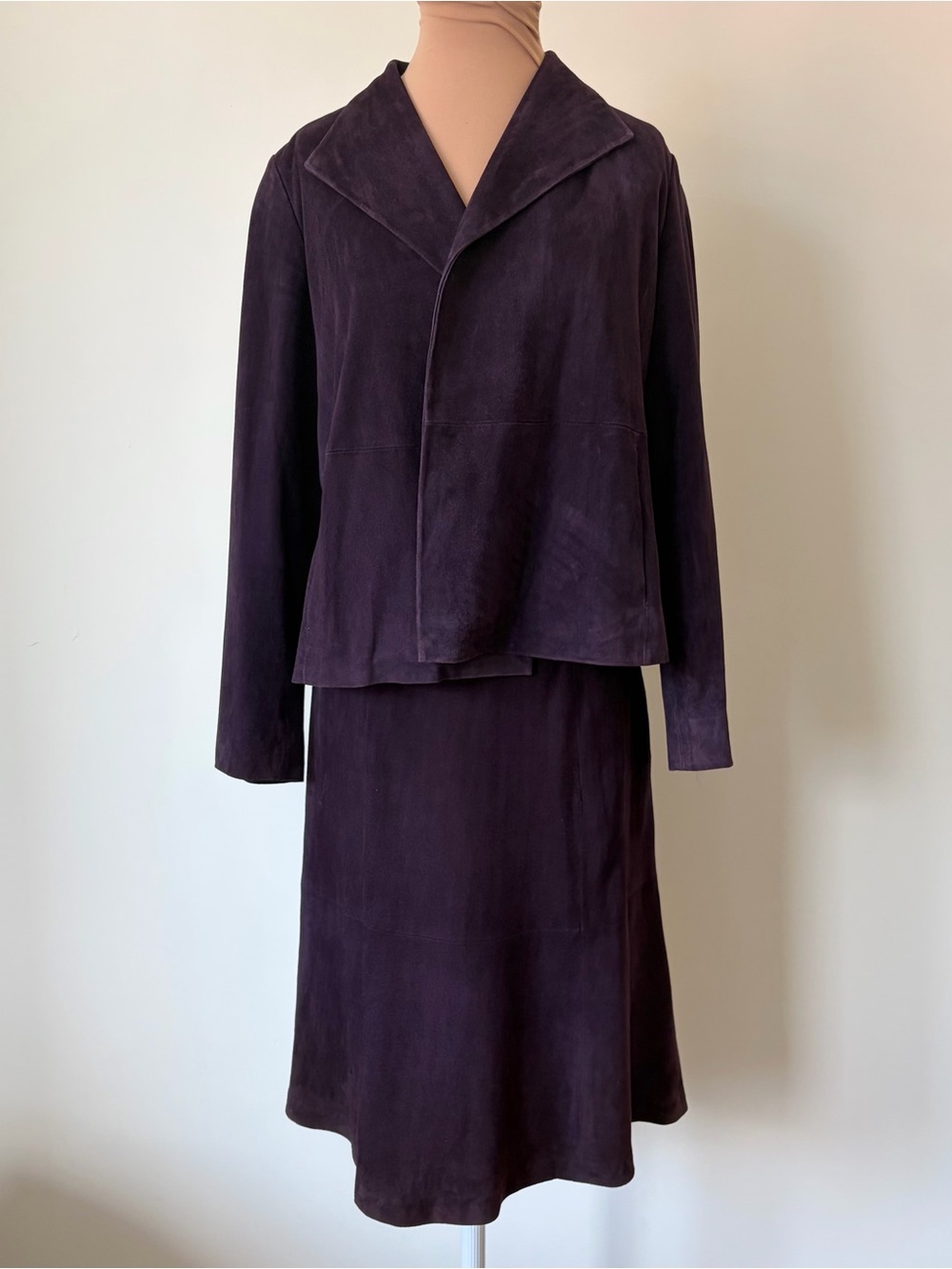 Eileen Fisher Petite Goat Suede Plum Purple Midi Skirt Jacket Suit Set Size XSP